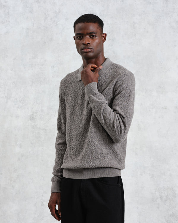 Oban - Grey Marl Textured-Check Knitted Long Sleeve Polo Shirt