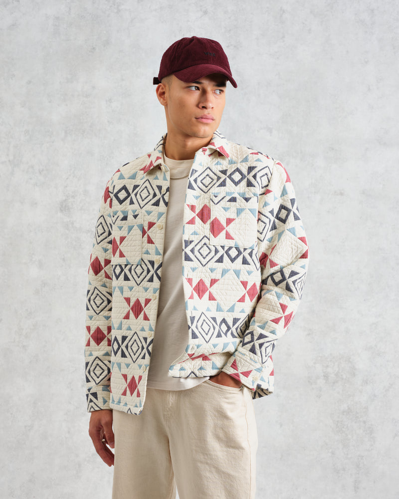 wax london Otto - Ecru And Red Quilted Overshirt