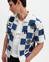 Porto - Ecru And Blue Square Crochet Knitted Shirt