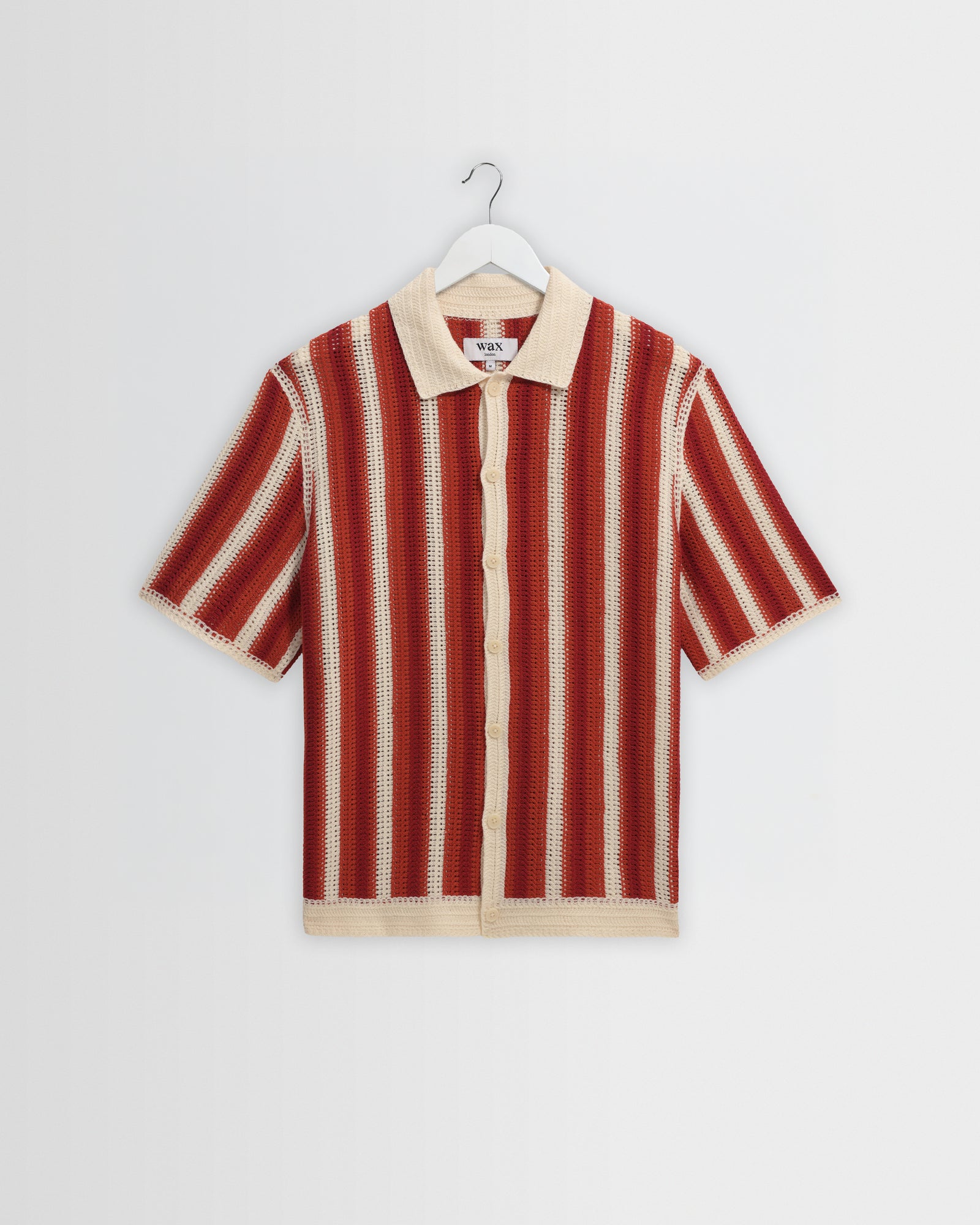 Men's Ecru And Orange Stripe Crochet Knitted Shirt | Wax London