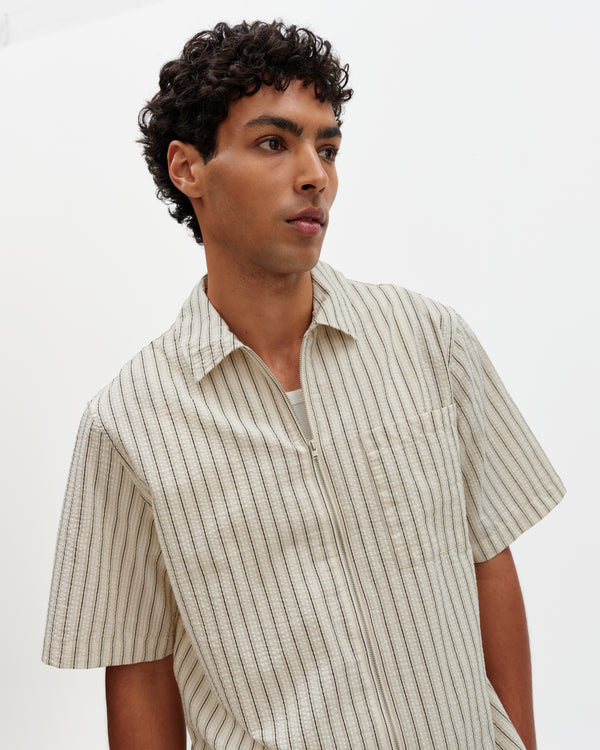 Sears - Natural And Navy Stripe Seersucker Zip Short-Sleeve Shirt