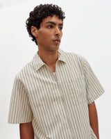 Sears - Natural And Navy Stripe Seersucker Zip Short-Sleeve Shirt