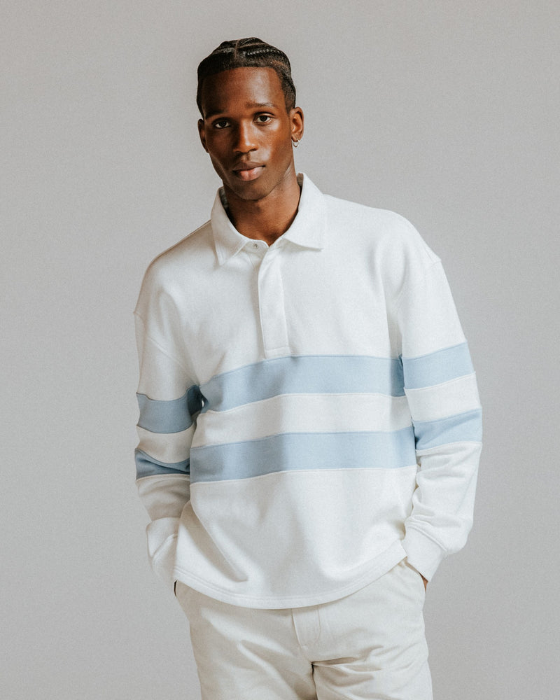 Men's Ecru And Light Blue Stripe Rugby Shirt | Wax London