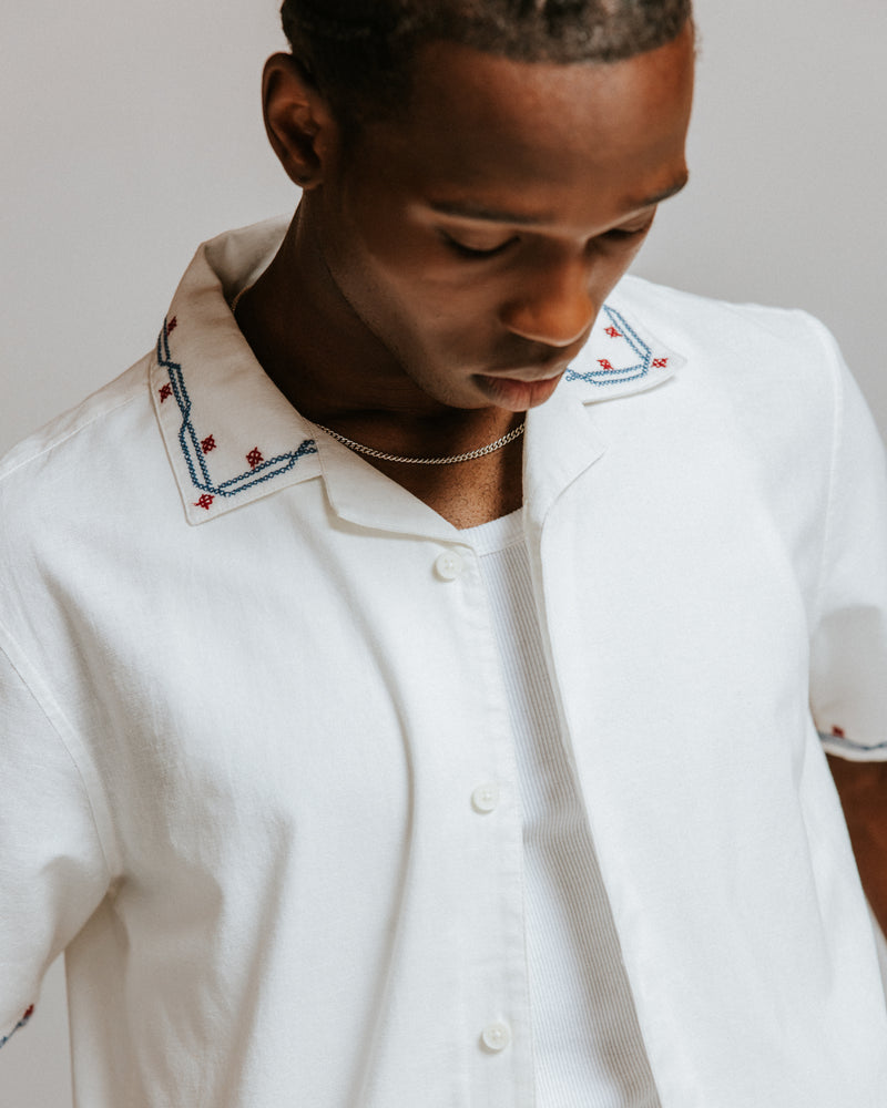 Men's Ecru Cross-Stitch Short-Sleeve Shirt | Wax London