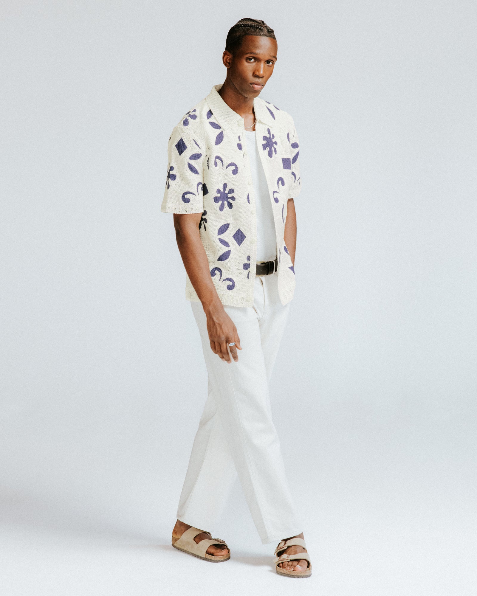 Men's Ecru And Navy Doodle Crochet Knitted Shirt | Wax London
