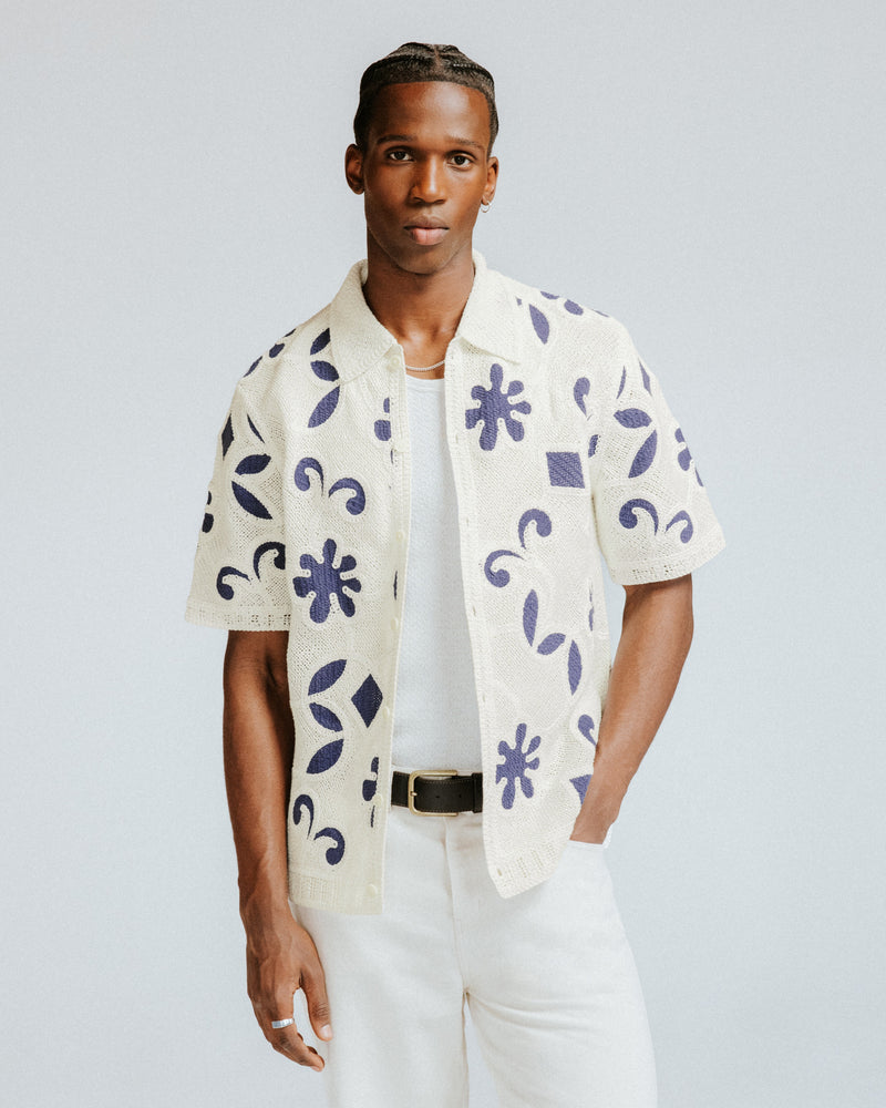 Men's Ecru And Navy Doodle Crochet Knitted Shirt | Wax London Men's Ecru And Navy Doodle Crochet Knitted Shirt | Wax London