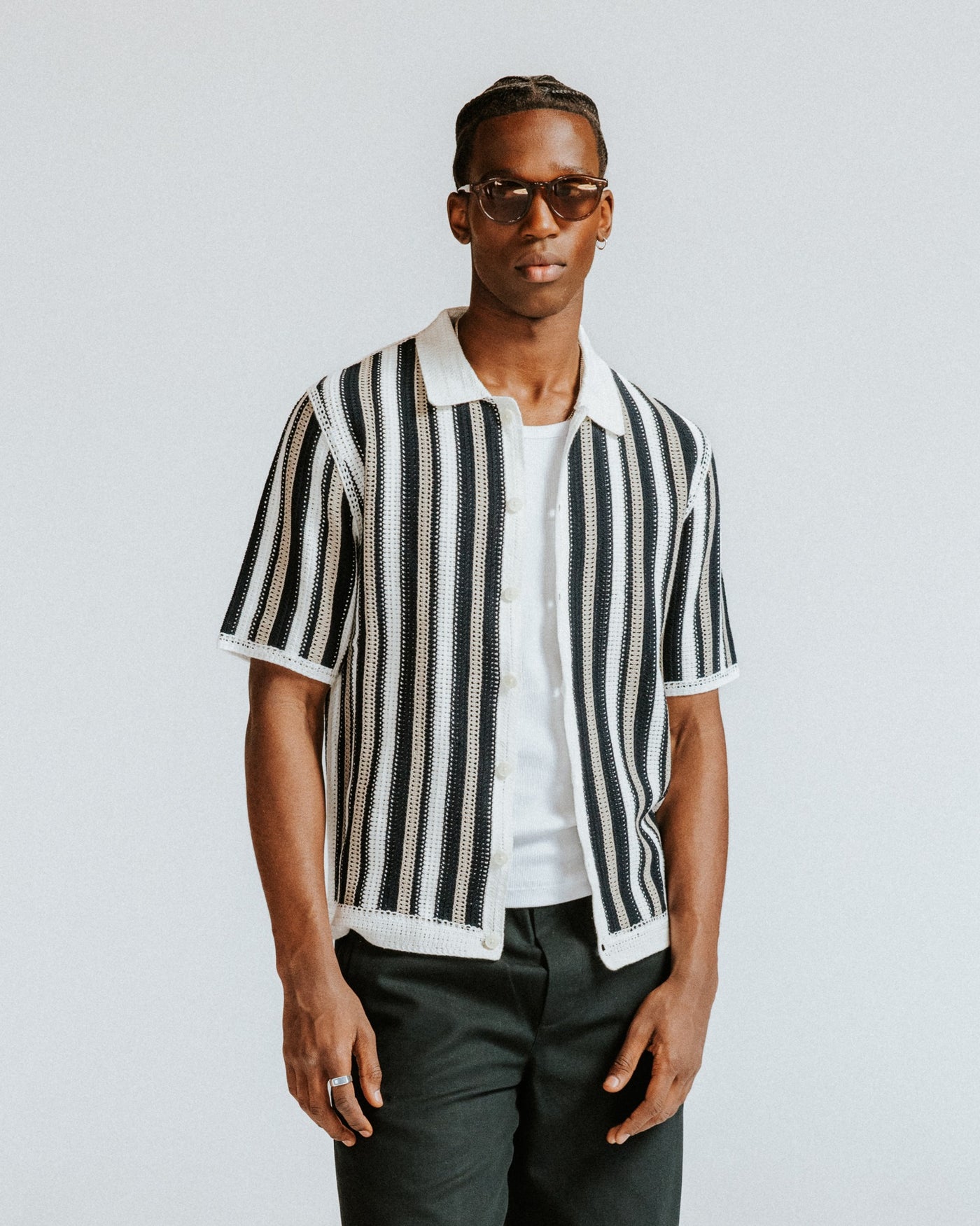 Men's Ecru And Black Stripe Crochet Knitted Shirt | Wax London