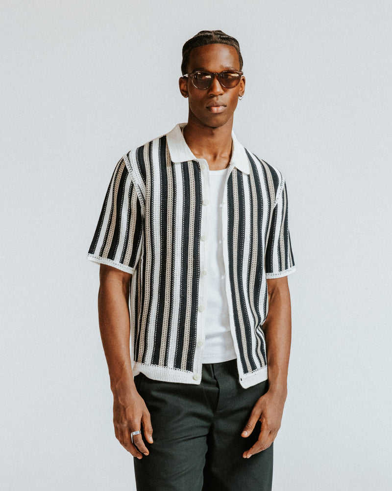Men's Ecru And Black Stripe Crochet Knitted Shirt | Wax London