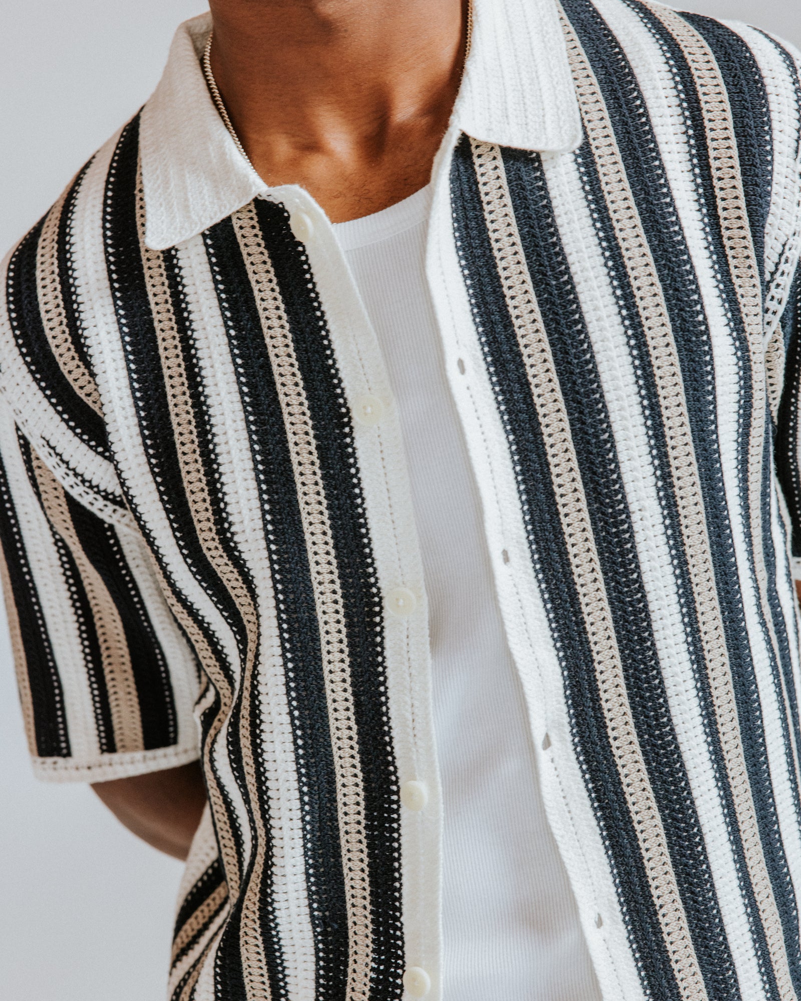 Men's Ecru And Black Stripe Crochet Knitted Shirt | Wax London