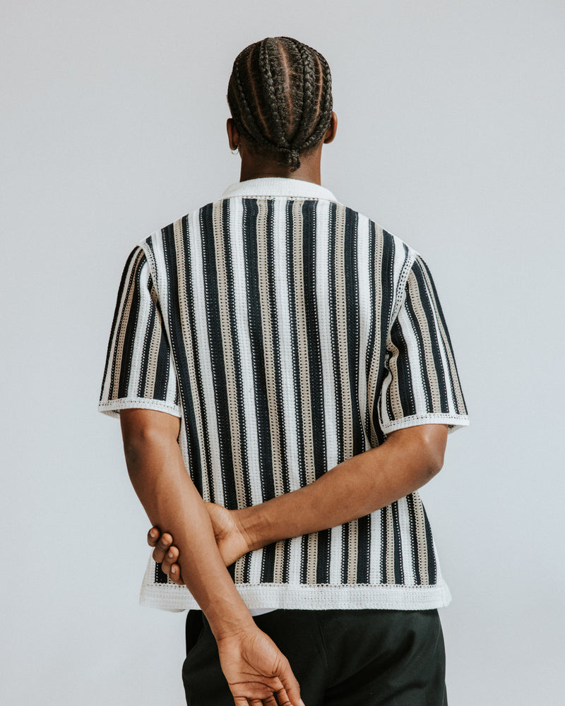 Men's Ecru And Black Stripe Crochet Knitted Shirt | Wax London