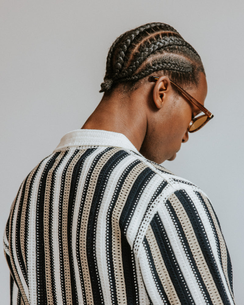 Men's Ecru And Black Stripe Crochet Knitted Shirt | Wax London