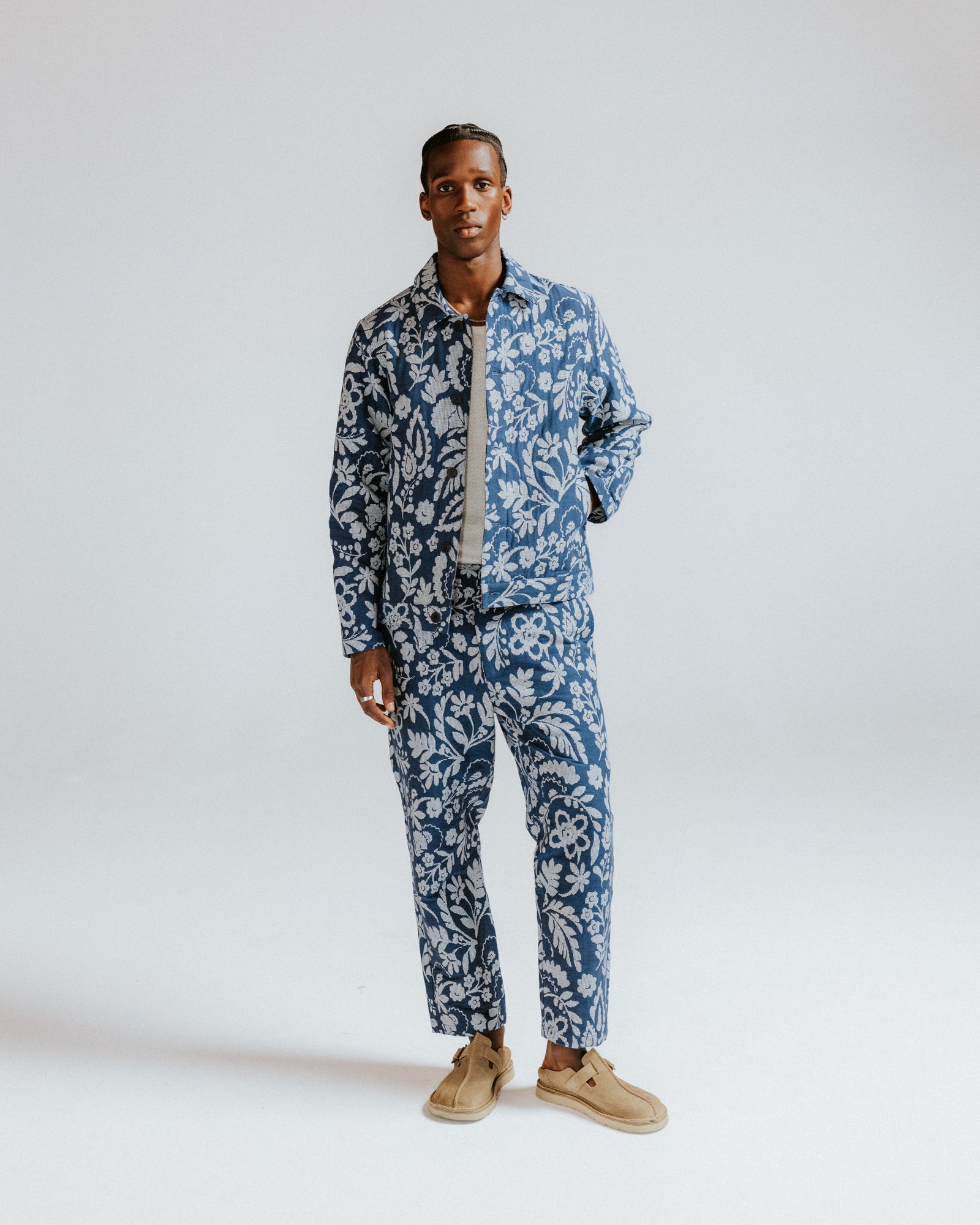 Men's Blue And Ecru Floral Jacquard Jacket | Wax London