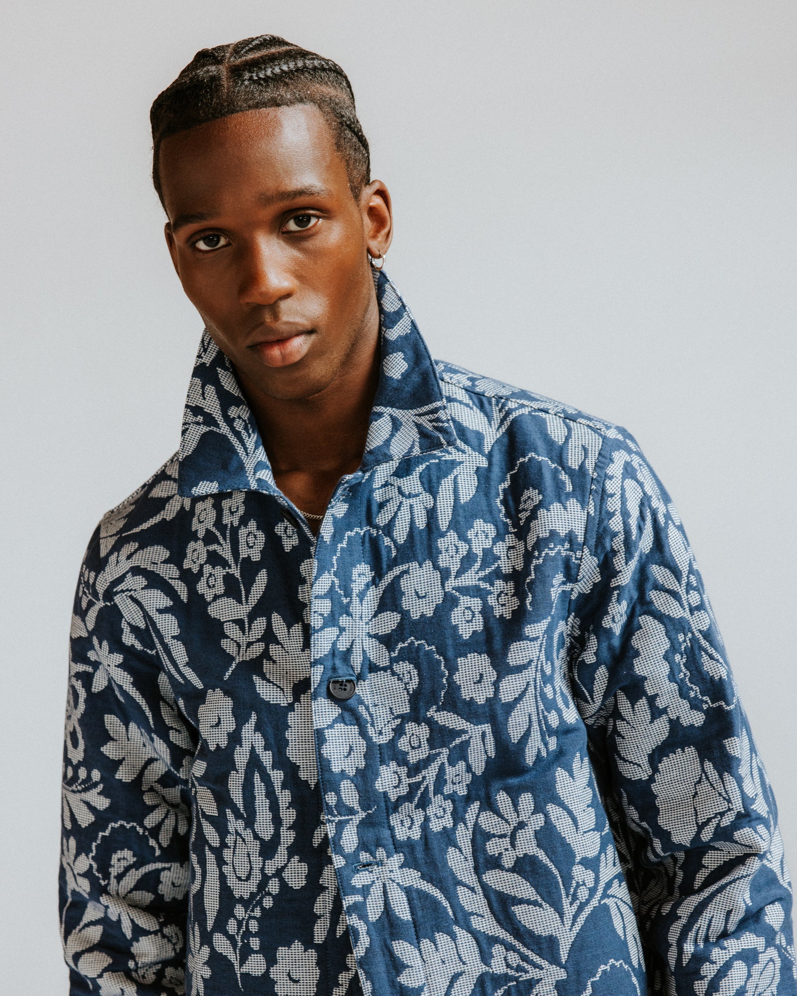 Men's Blue And Ecru Floral Jacquard Jacket | Wax London