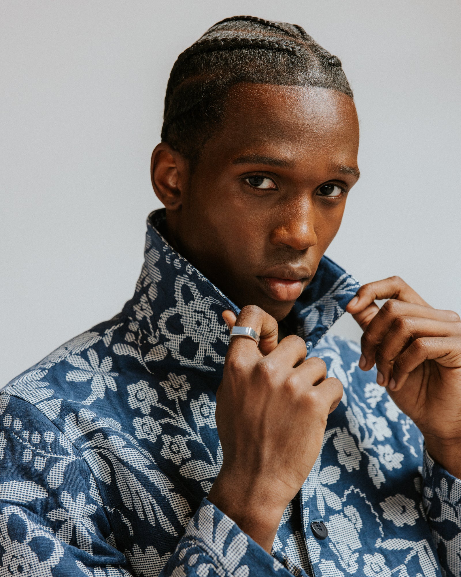 Men's Blue And Ecru Floral Jacquard Jacket | Wax London