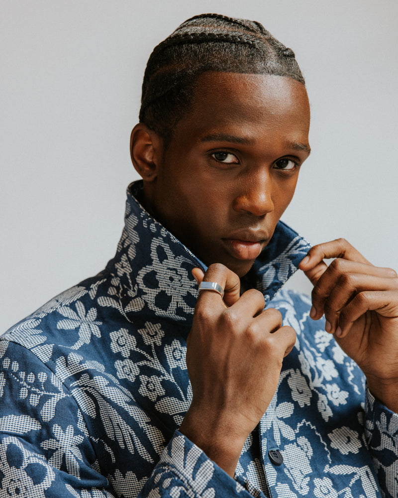 Men's Blue And Ecru Floral Jacquard Jacket | Wax London