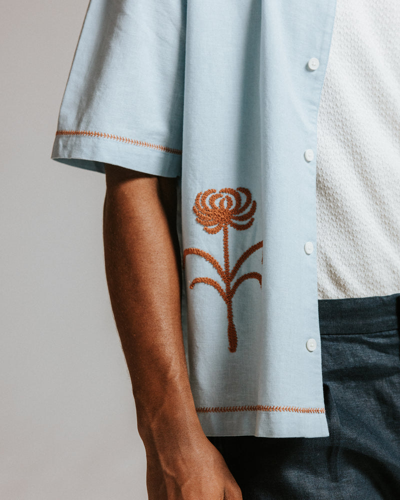 Men's Light Blue Embroidered Short-Sleeve Shirt | Wax London