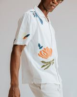 Didcot - Ecru And Multicolour Flower Embroidered Short-Sleeve Shirt