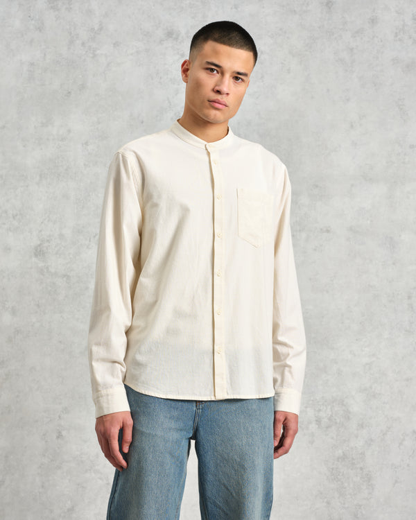 wax london Abbot - Ecru Grandad Collar Cotton Chambray Shirt