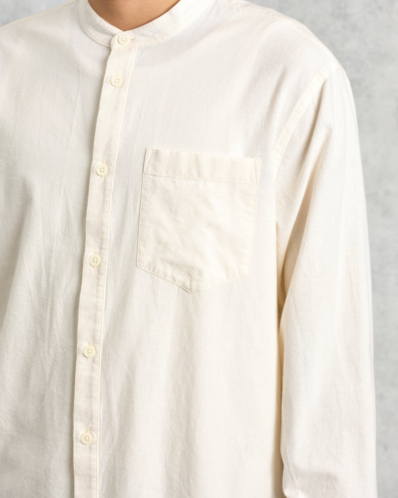 wax london Abbot - Ecru Grandad Collar Cotton Chambray Shirt