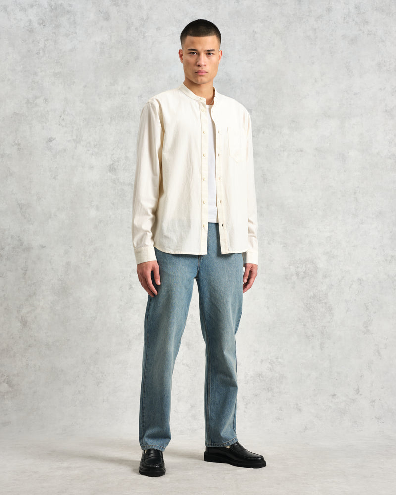 wax london Abbot - Ecru Grandad Collar Cotton Chambray Shirt