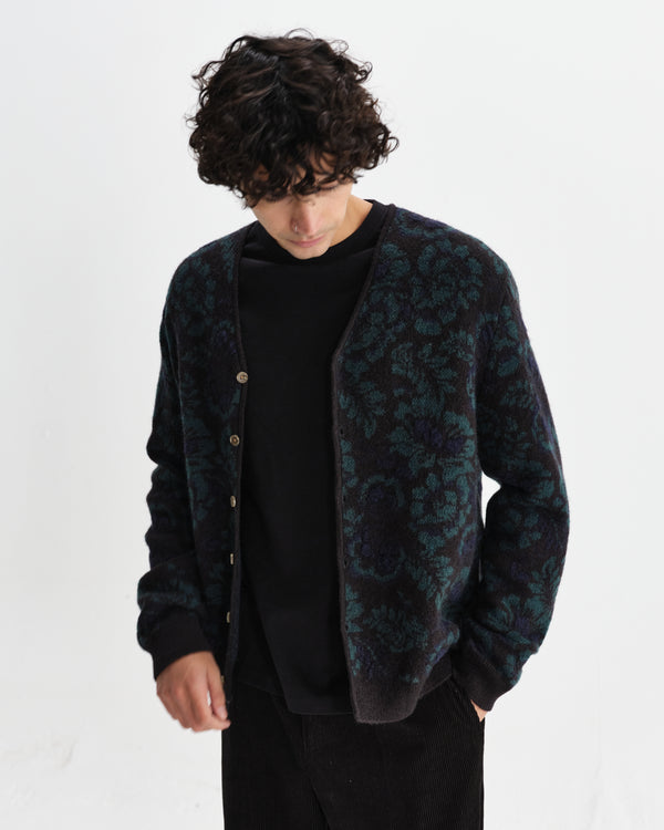wax london men's Alban - Black And Green Floral Textured Jacquard Cardigan