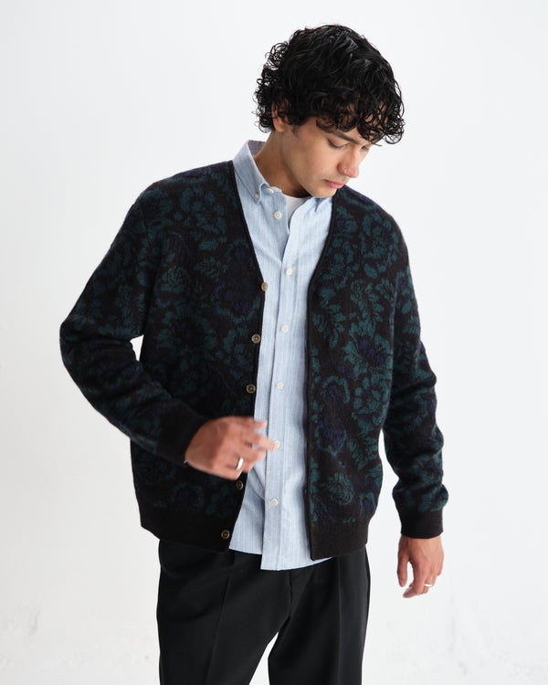 wax london men's Alban - Black And Green Floral Textured Jacquard Cardigan