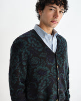 wax london men's Alban - Black And Green Floral Textured Jacquard Cardigan