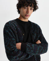 wax london men's Alban - Black And Green Floral Textured Jacquard Cardigan