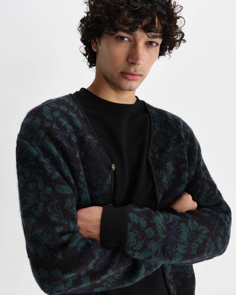 wax london men's Alban - Black And Green Floral Textured Jacquard Cardigan