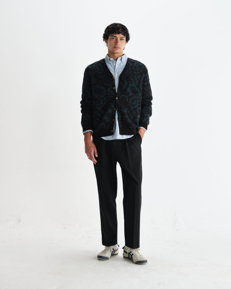 wax london men's Alban - Black And Green Floral Textured Jacquard Cardigan