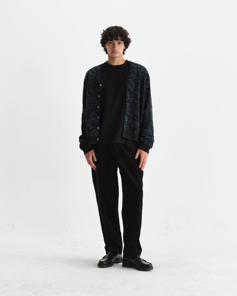 wax london men's Alban - Black And Green Floral Textured Jacquard Cardigan