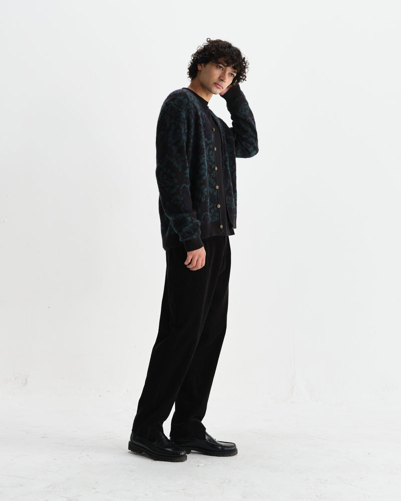 wax london men's Alban - Black And Green Floral Textured Jacquard Cardigan