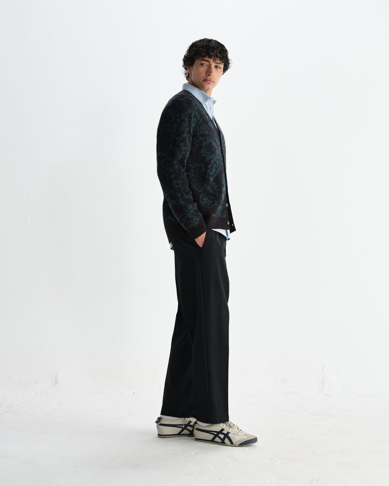 wax london men's Alban - Black And Green Floral Textured Jacquard Cardigan