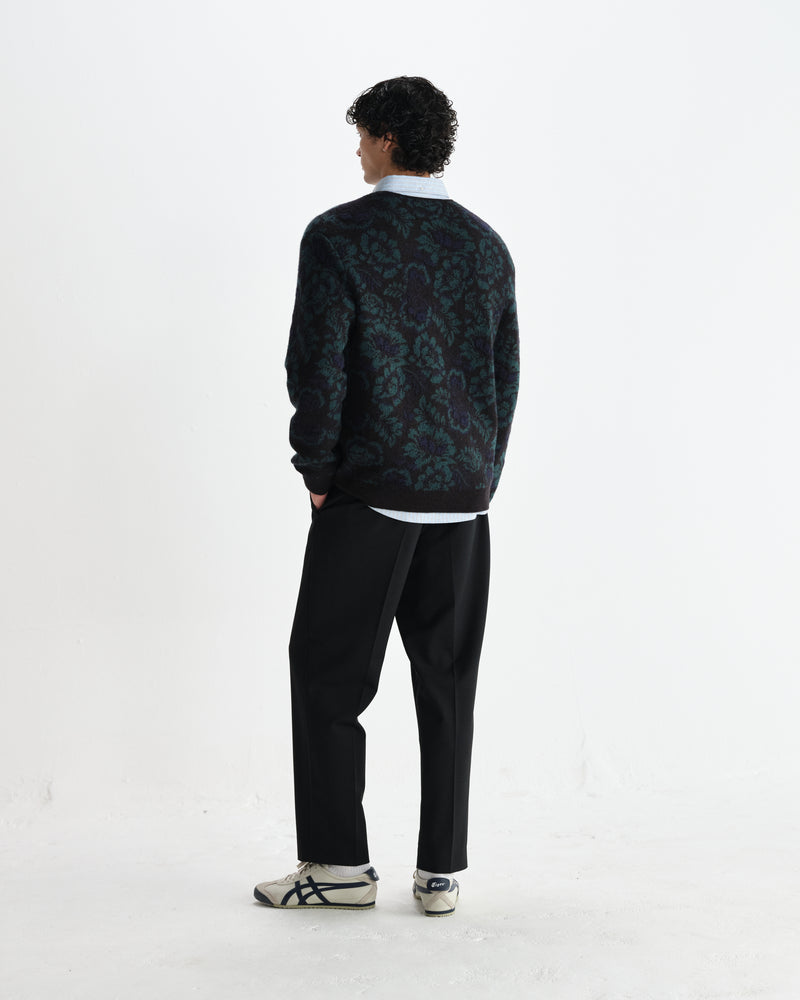 wax london men's Alban - Black And Green Floral Textured Jacquard Cardigan