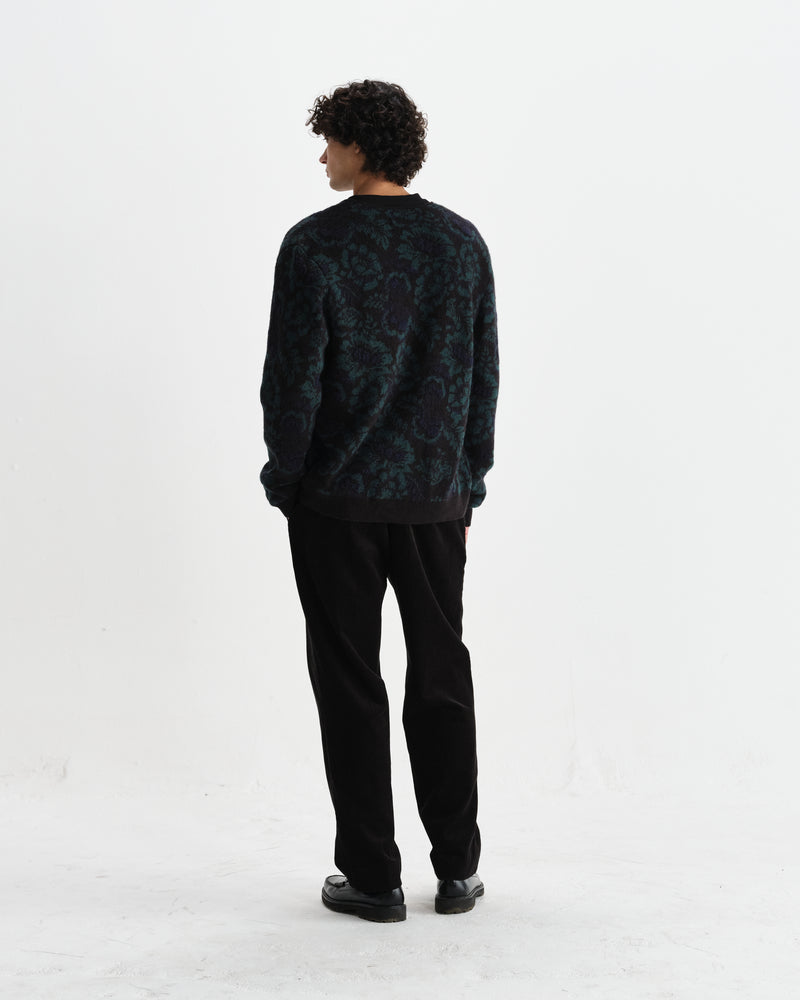 wax london men's Alban - Black And Green Floral Textured Jacquard Cardigan