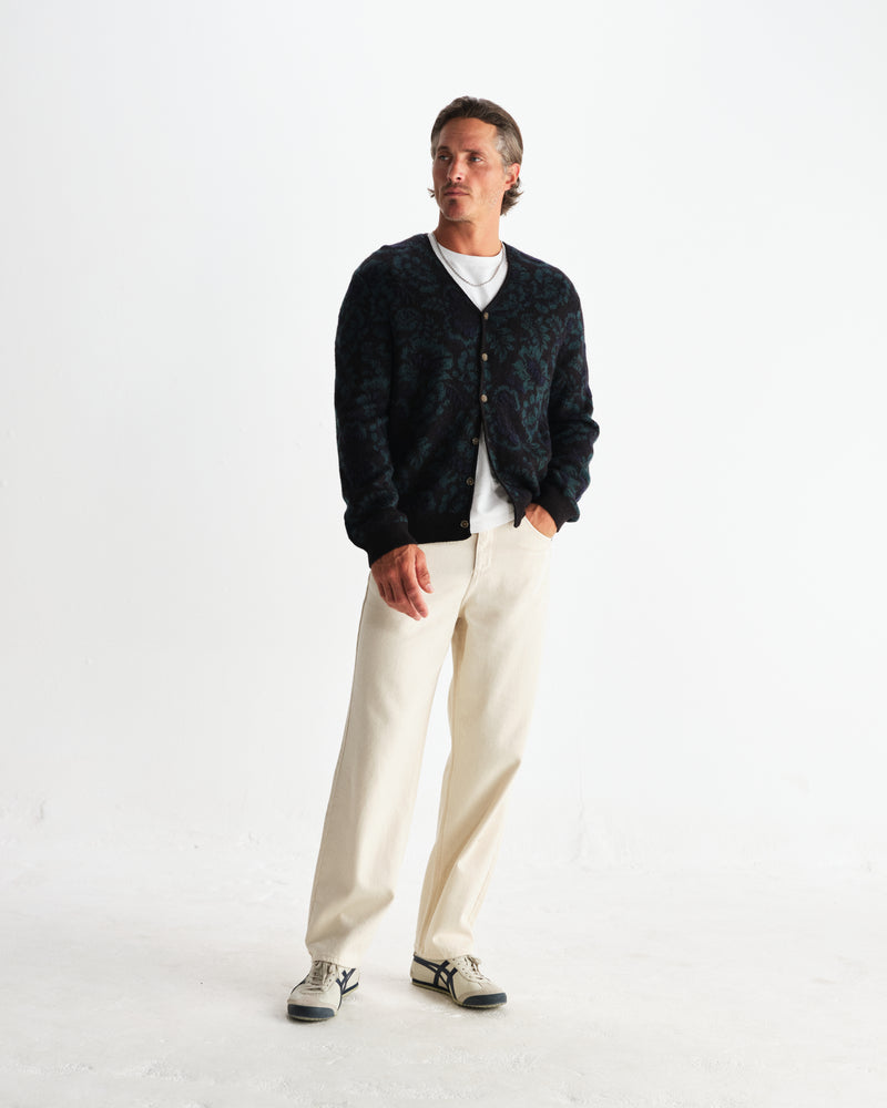 wax london men's Alban - Black And Green Floral Textured Jacquard Cardigan