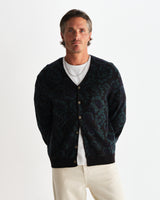 wax london men's Alban - Black And Green Floral Textured Jacquard Cardigan