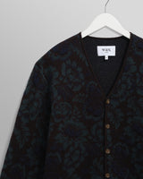wax london men's Alban - Black And Green Floral Textured Jacquard Cardigan