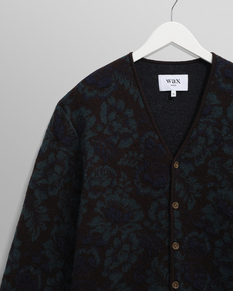 wax london men's Alban - Black And Green Floral Textured Jacquard Cardigan