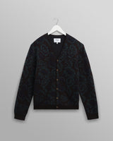 wax london men's Alban - Black And Green Floral Textured Jacquard Cardigan