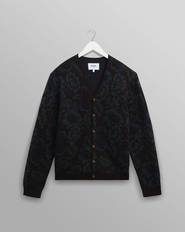 wax london men's Alban - Black And Green Floral Textured Jacquard Cardigan