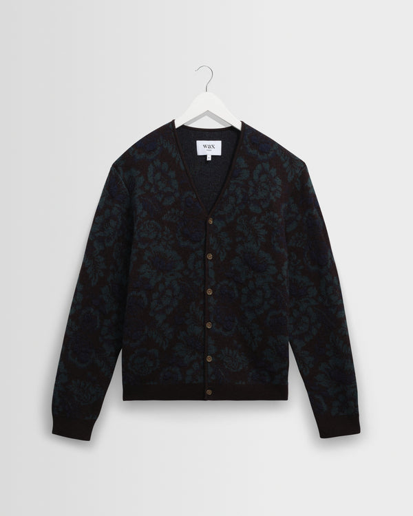 wax london men's Alban - Black And Green Floral Textured Jacquard Cardigan