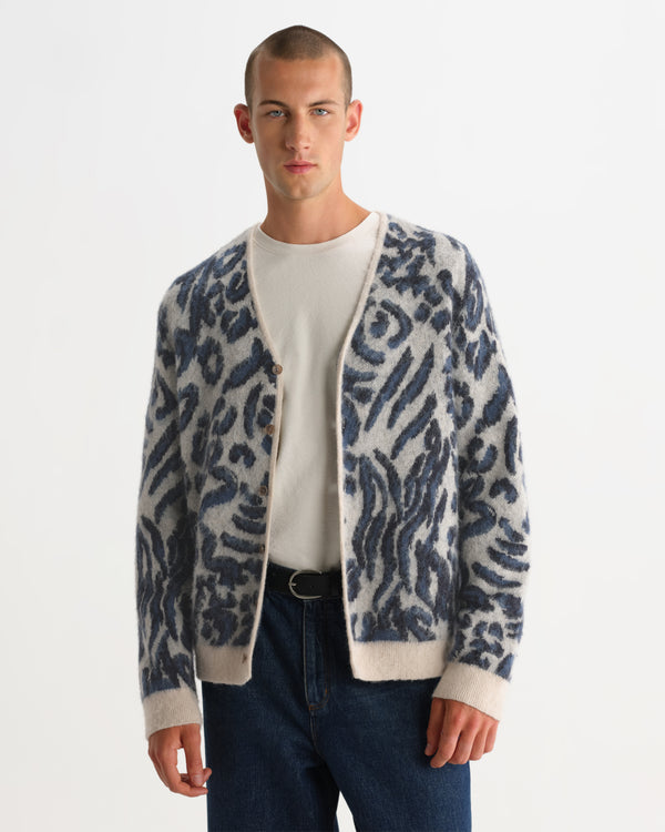 wax london men's Alban - Ecru And Navy Abstract Animal Print Knit Cardigan