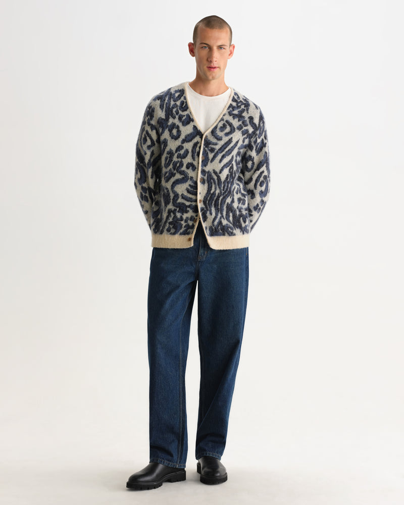 Men's Ecru And Navy Abstract Print Knit Cardigan | Wax London