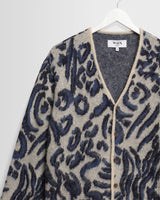 wax london men's Alban - Ecru And Navy Abstract Animal Print Knit Cardigan