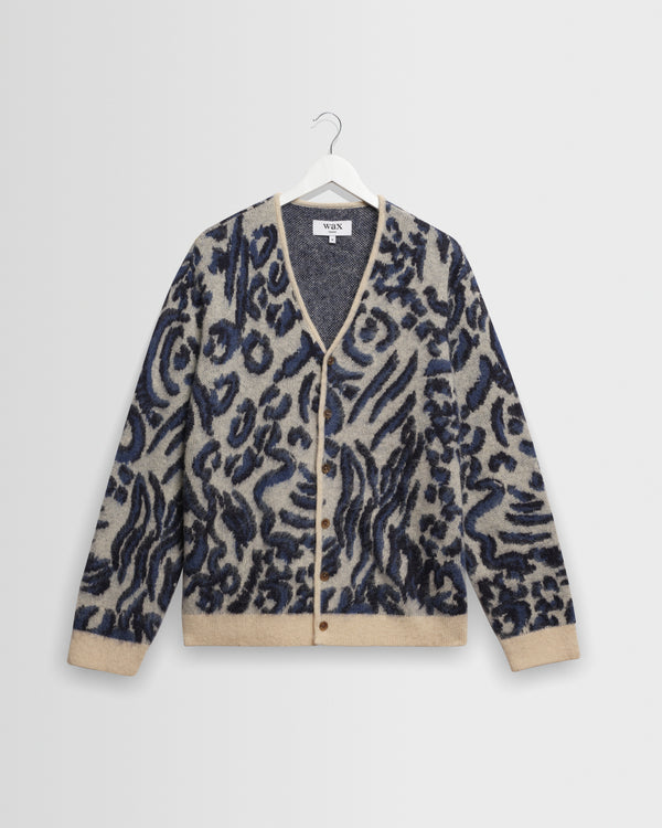 wax london men's Alban - Ecru And Navy Abstract Animal Print Knit Cardigan