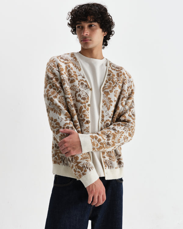 wax london men's Alban - Natural And Brown Floral Textured Jacquard Cardigan