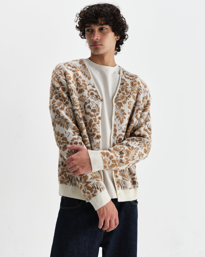 wax london men's Alban - Natural And Brown Floral Textured Jacquard Cardigan