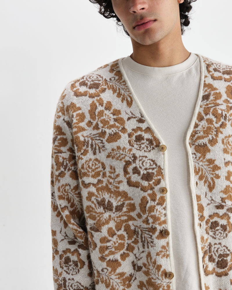 wax london men's Alban - Natural And Brown Floral Textured Jacquard Cardigan