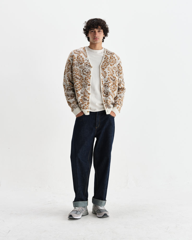 wax london men's Alban - Natural And Brown Floral Textured Jacquard Cardigan